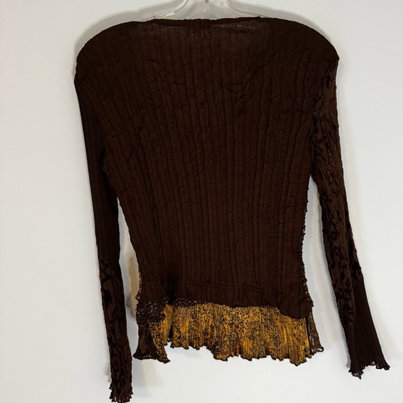 Chagall Brown Gold Crinkle Patchwork Mesh Stretch Top sheer sleeve Boho Artsy M - Picture 5 of 9